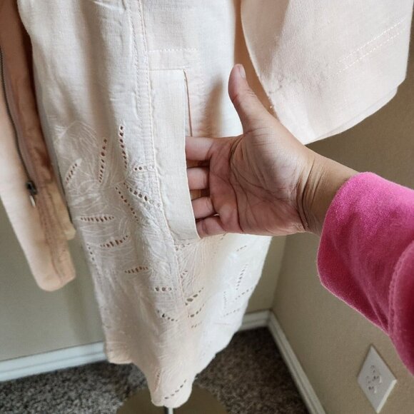 Chico’s 100% Linen Jacket Women’s  Zip Long Size 2 M 12  Eyelet Cutouts Pink‎ - Picture 8 of 16